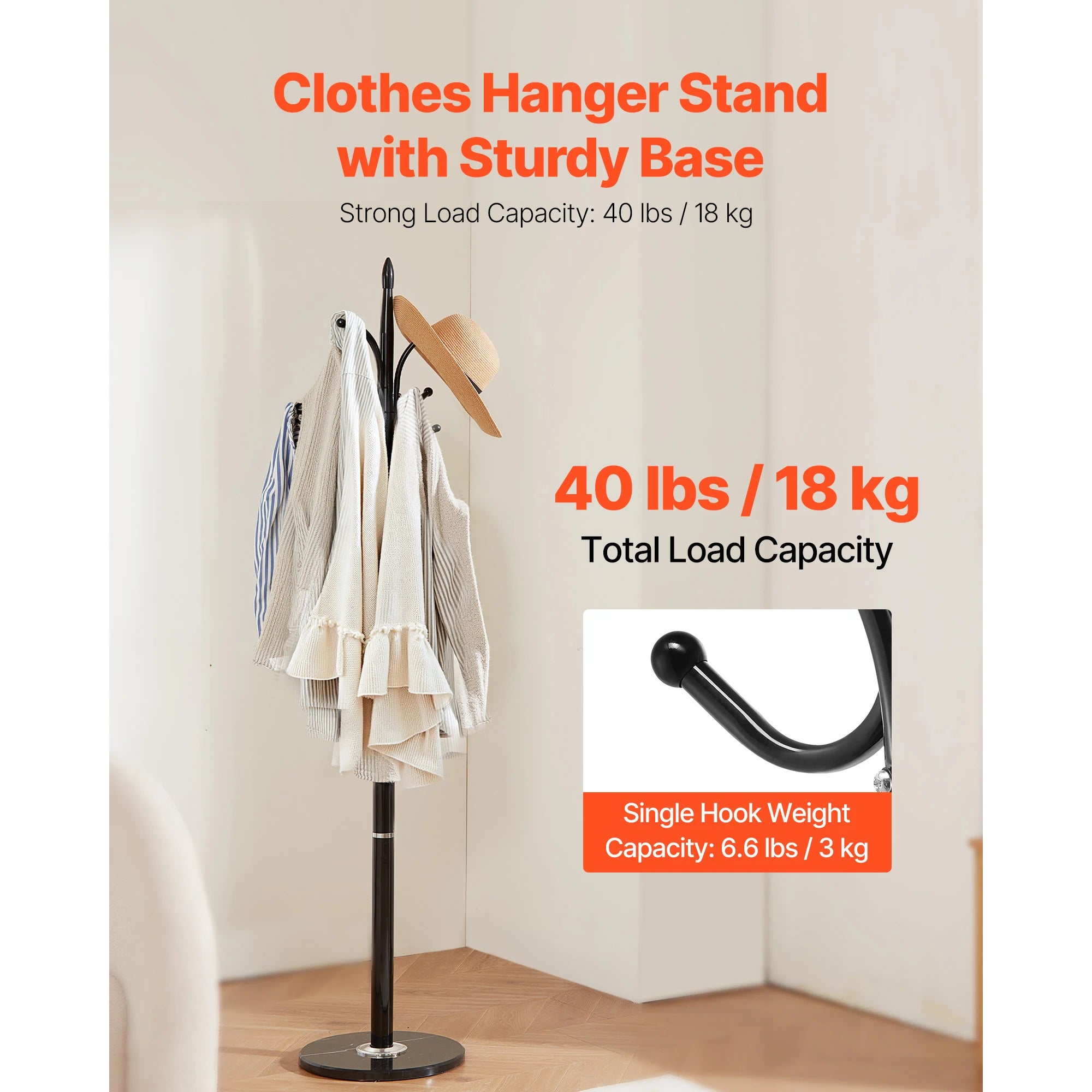 Freestanding Coat Rack with Marble Base & 6 Hooks Stand