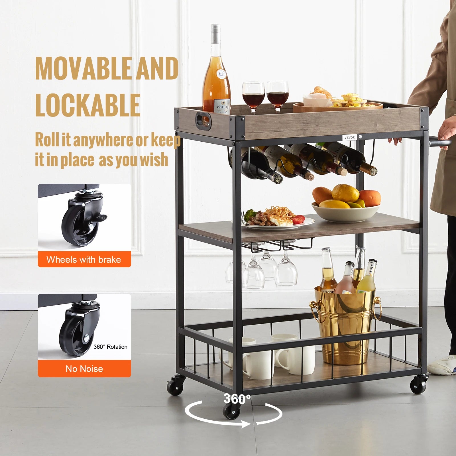 3-niveau rullebarvogn med vinreol og glasholder