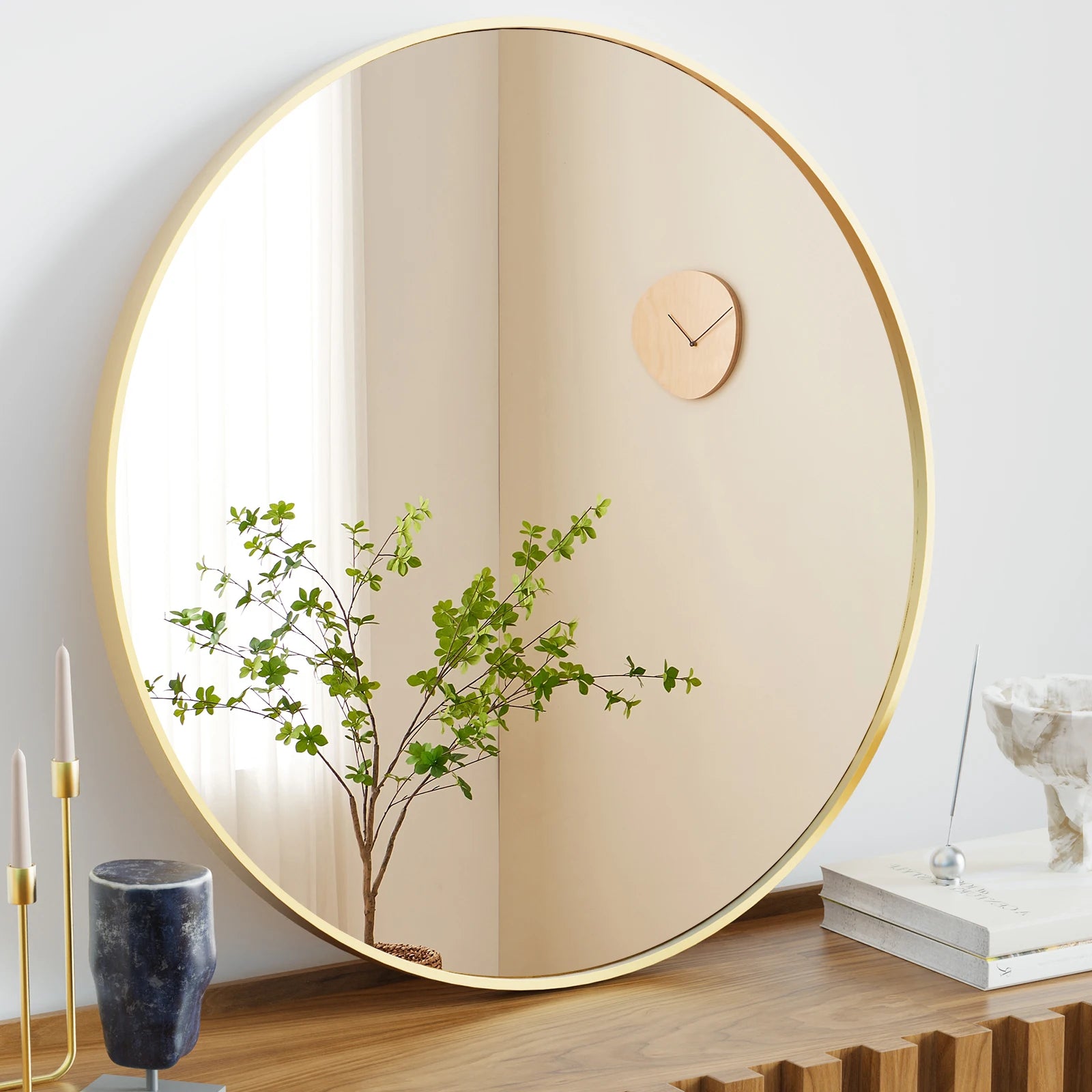 30-Inch Round Gold Framed Wall Mirror with Tempered Glass