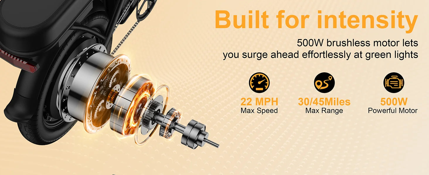 14' Πτυσσόμενο Ηλεκτρικό Ποδήλατο 500W 48V 22MPH Διπλή Σέλα Μίνι Ηλεκτρικό Ποδήλατο