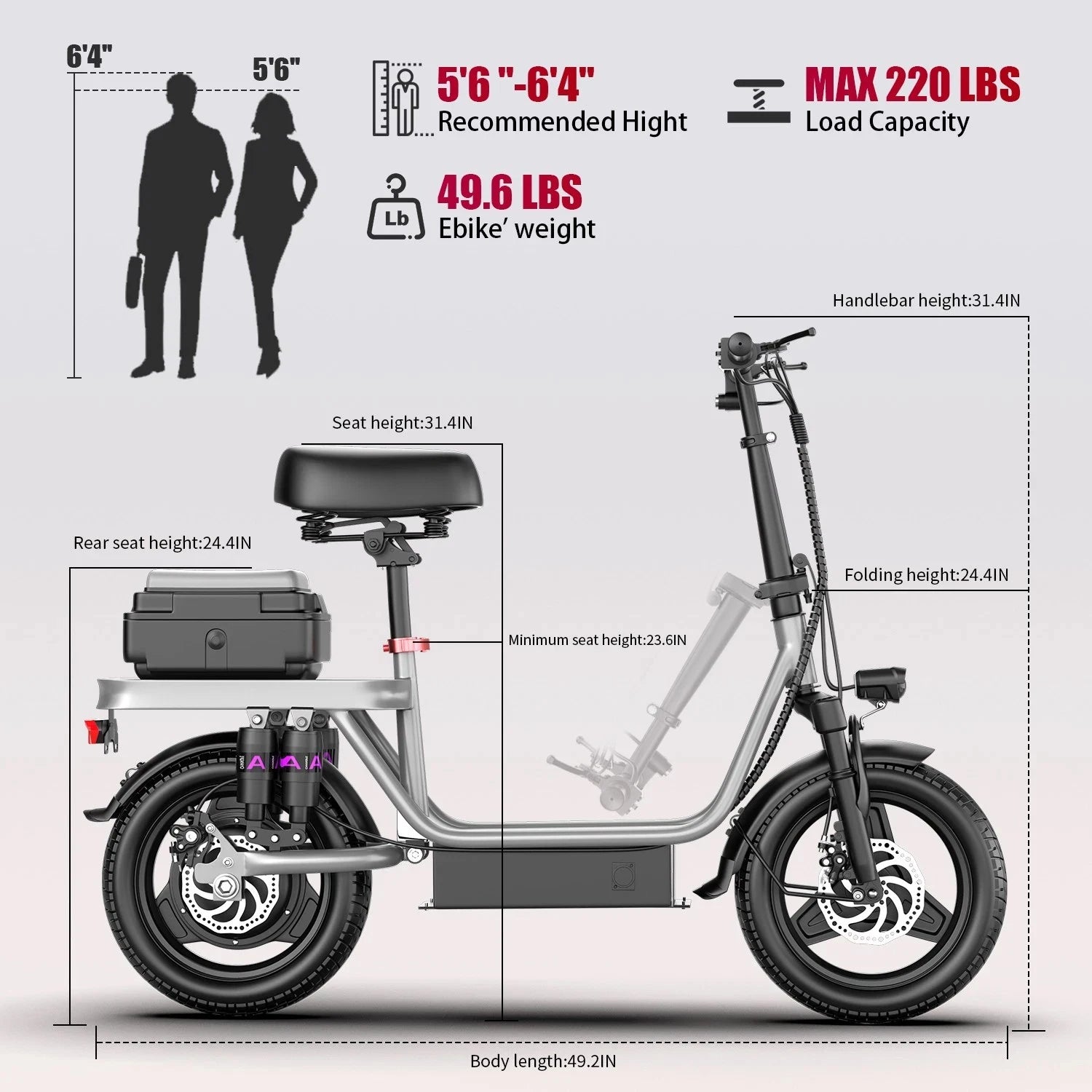 Sammenklappelig elcykel med sæde, 48V batteri, 14" dæk, 25 km/t