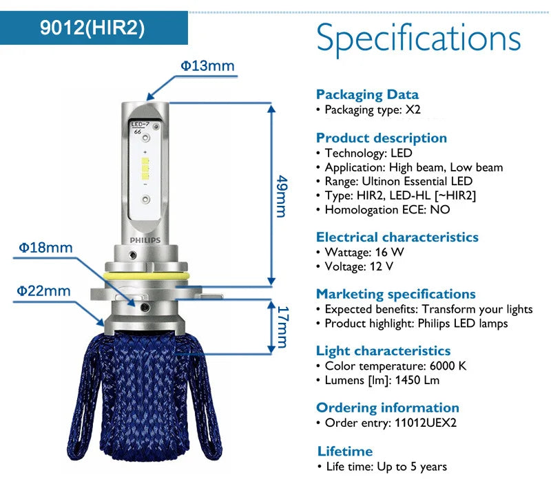 Philips LED H4 H7 HB3 HB4 H8 H11 H16 Ultinon Essential Auto svetlá 6000K Jasný biely HIR2 9012 9005 9006 LED Upgrade žiarovky