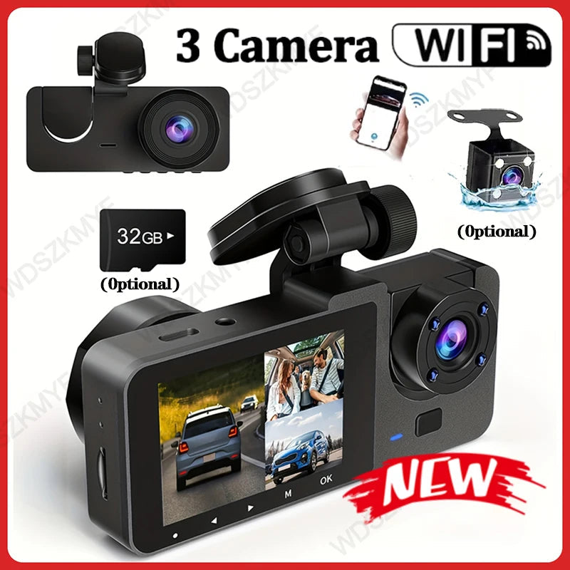 Triple Lens WiFi Dashcam 2/3 Channel Car Camera 1080P HD Video Recorder, Night Vision Car DVR with Wide Angle for Front and Rea 