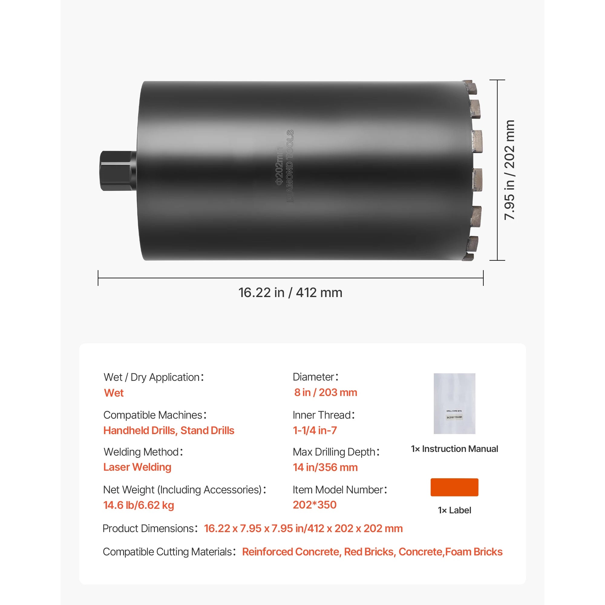 Diamond Core Drill Bit with Adapters for Concrete & Brick Drilling
