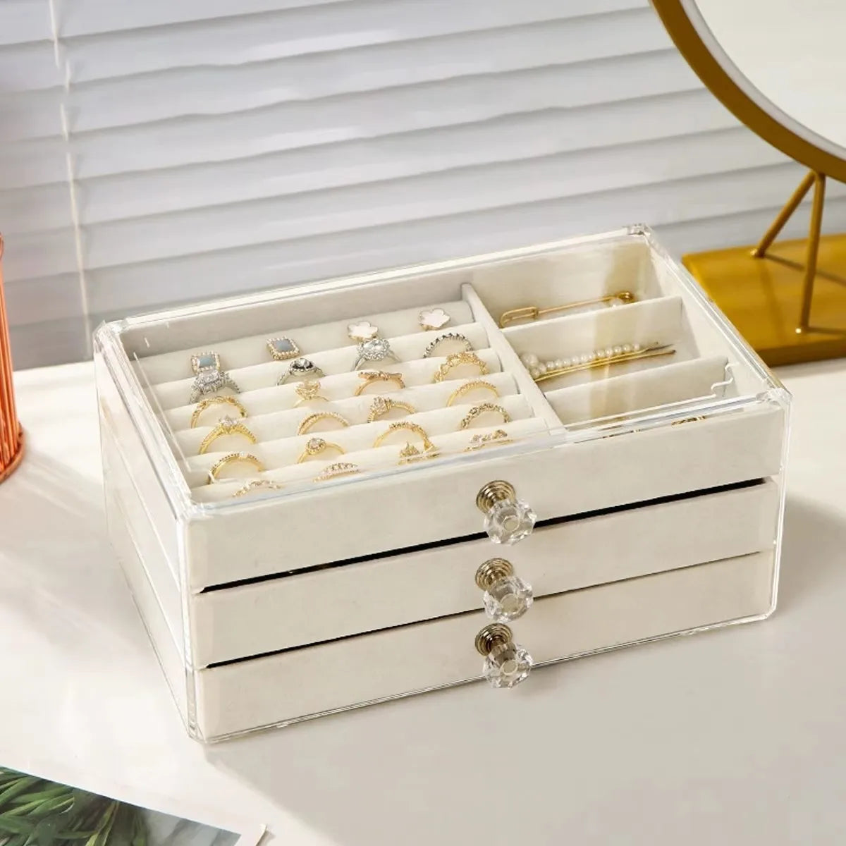 1 boîte à bijoux à tiroirs empilable sur 3 niveaux, beige/grise, pour ranger boucles d’oreilles, bagues, colliers et bracelets