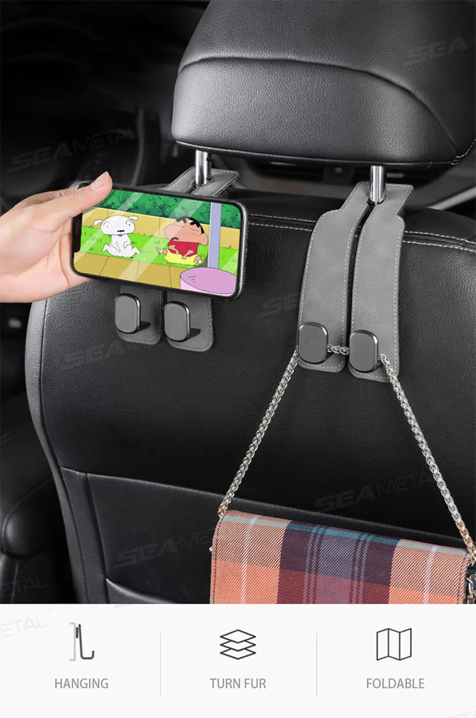 SEAMETAL Car Seat Back Hook Luxury Suede Headrest Hanging Hook 20KG Load-Bearing Universal Backseat Storage Hook for Purse Bag