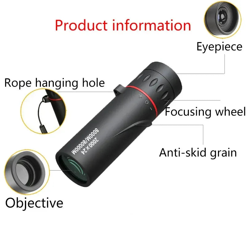 Telescópio monocular 2000x24, portátil, telemóvel com suporte, atividades ao ar livre como acampamento, caça e observação de aves
