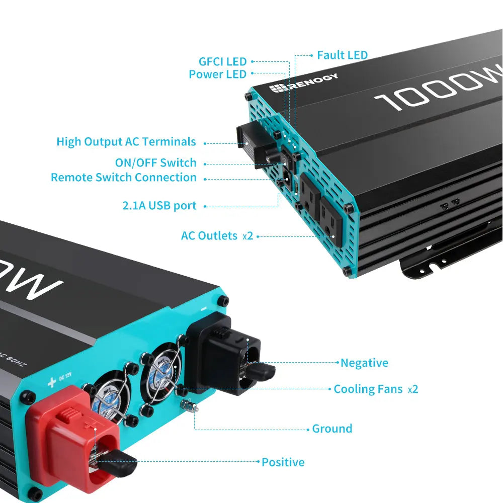 Inversor de Onda Senoidal Pura 1000W Conversor de 12V DC para 120V AC
