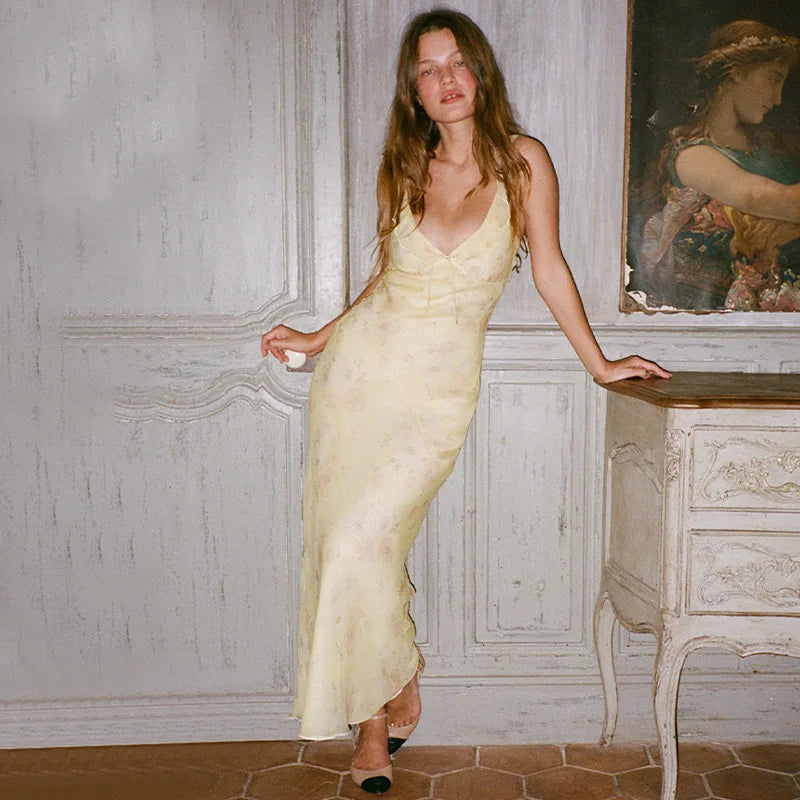 Cryptographic Summer Floral Print Plunge Maxi Dress Outfits Sexy Backless Fairy Sun Dresses Vacation Beachwear Vestido Coquette 