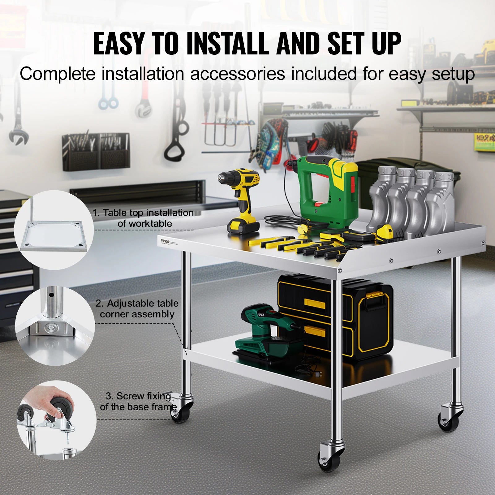 Stainless Steel Work Table with Wheels and Adjustable Shelf