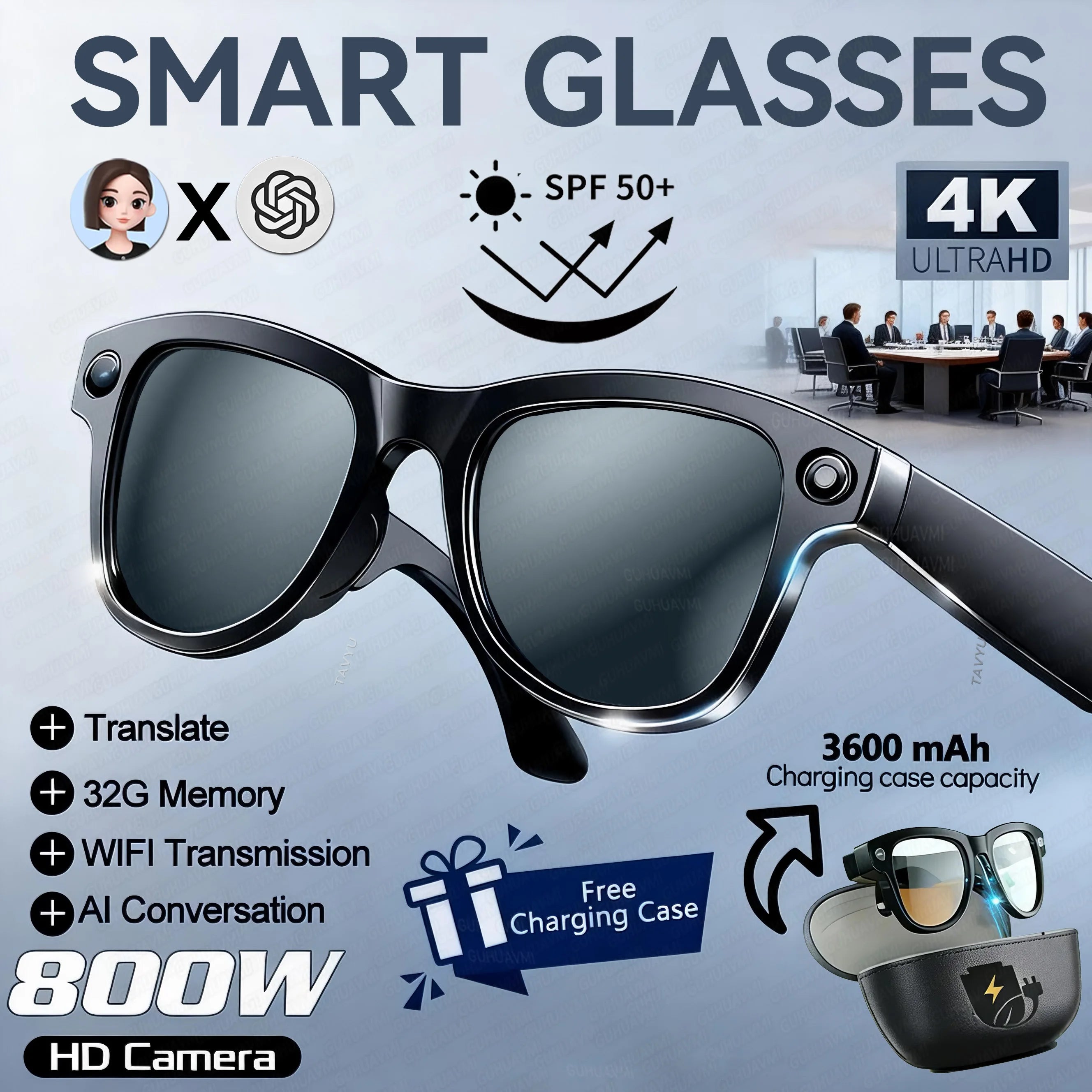 Óculos inteligentes 2026 com AI 1080p, câmera HD, M02, Ultra, ChatGPT, estojo de carregamento de 3600 mAh, banco de energia, 32 GB, tradução, música, vídeo, óculos de sol