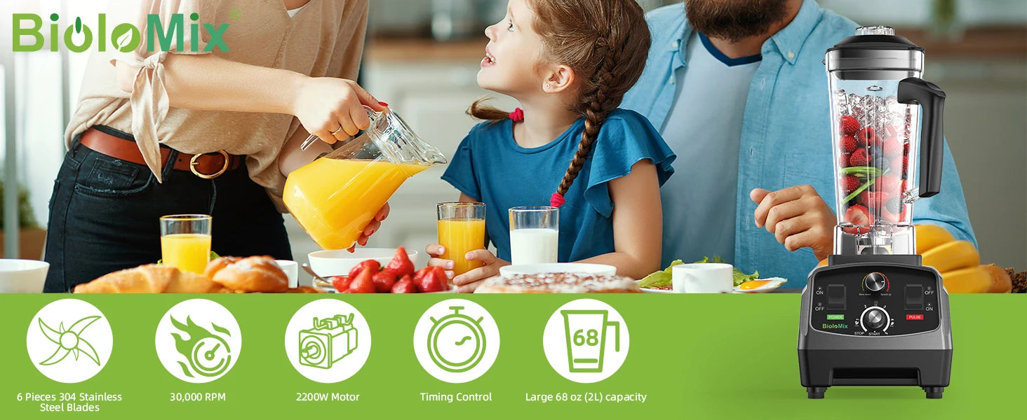 3HP 2200W Commercial Blender with Timer and 2L BPA-Free Jar