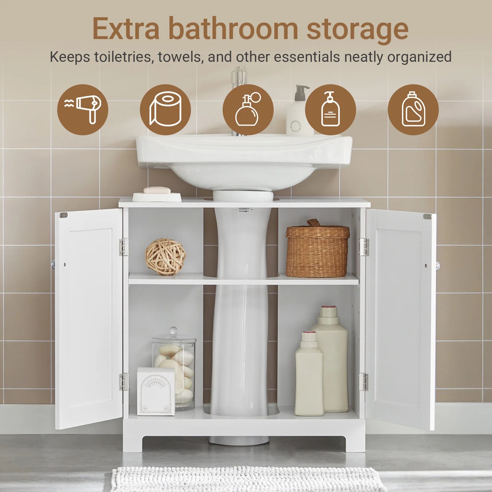 Under Sink Bathroom Cabinet with U-Shape Storage 60x60x30cm
