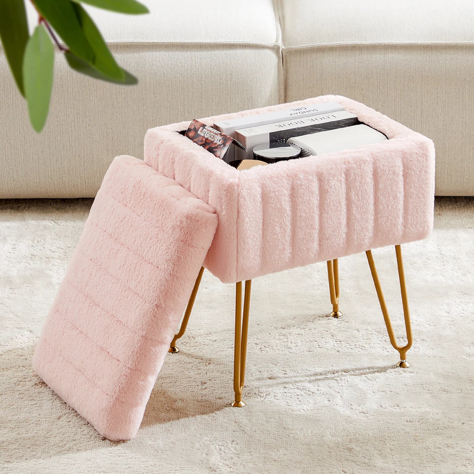 Faux Fur Storage Ottoman Stool with Hidden Compartment & Metal Legs