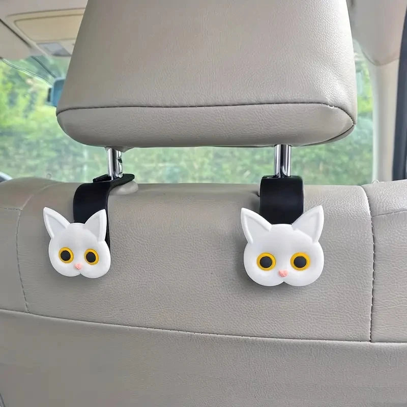 2pcs Adorable 3D Cartoon Cat Car Seat Headrest Hooks - Universal Vehicle Storage Organizer for Handbags, Purses, Coats - Cute Ca 