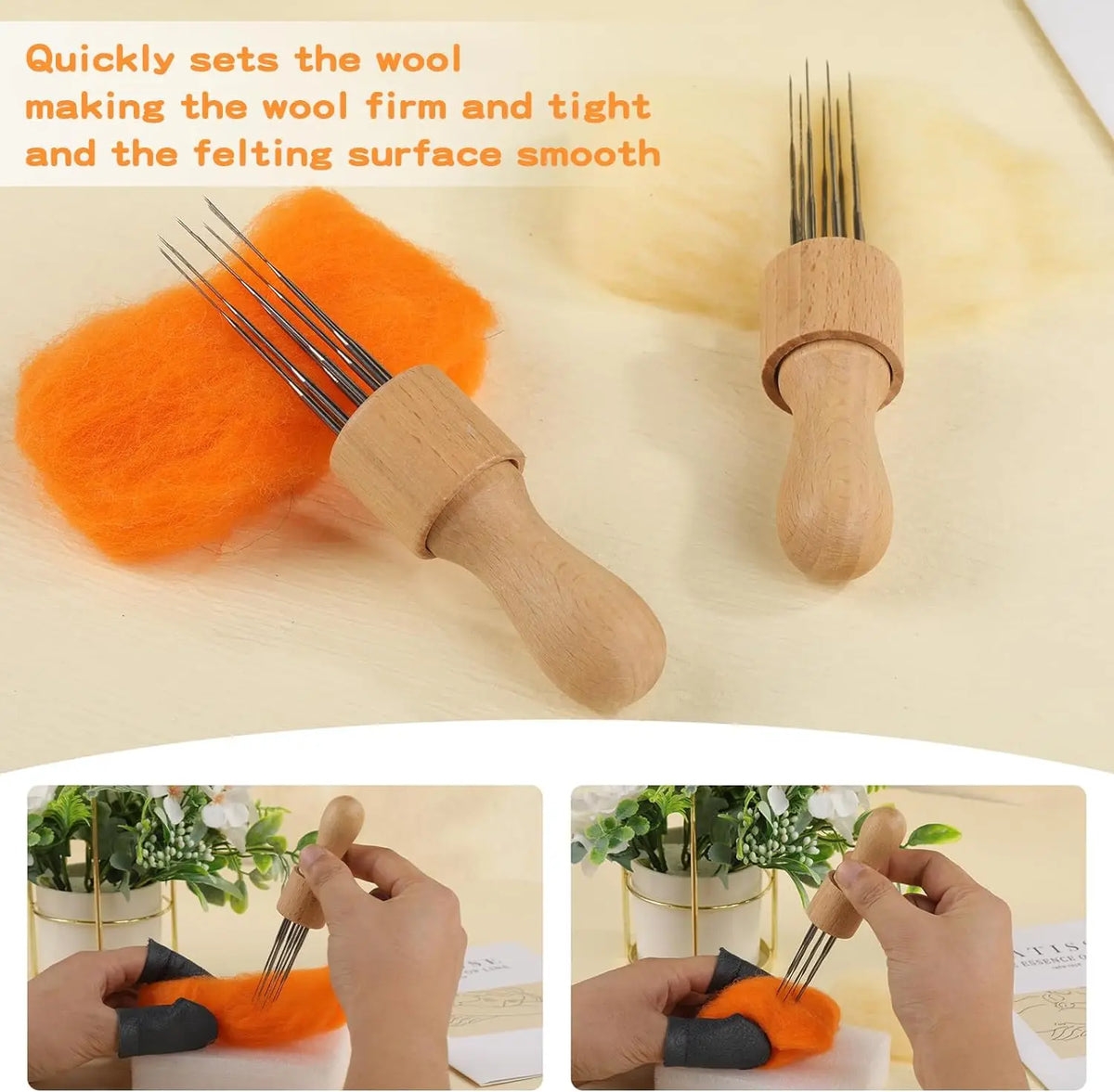 8-Needle Wooden Felting Tool with Finger Protectors