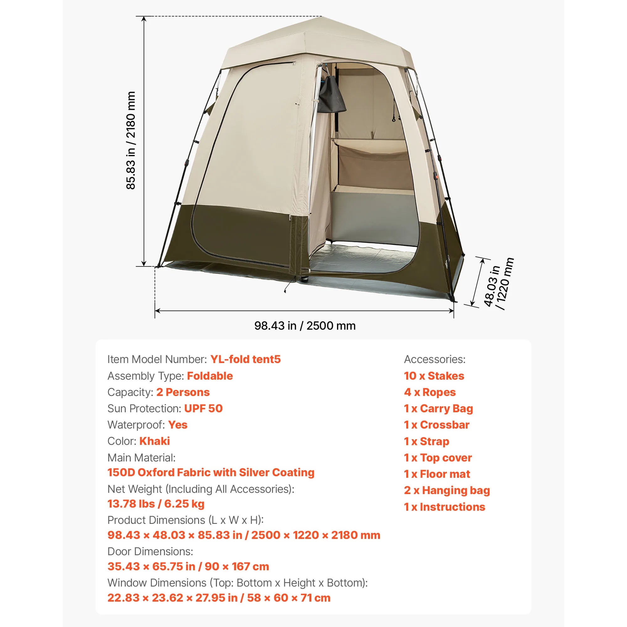 Tente de douche de camping SucceBuy, 1 pièce, pliable, tente d’intimité/changement avec piquets, cordes, sac de transport et traverse