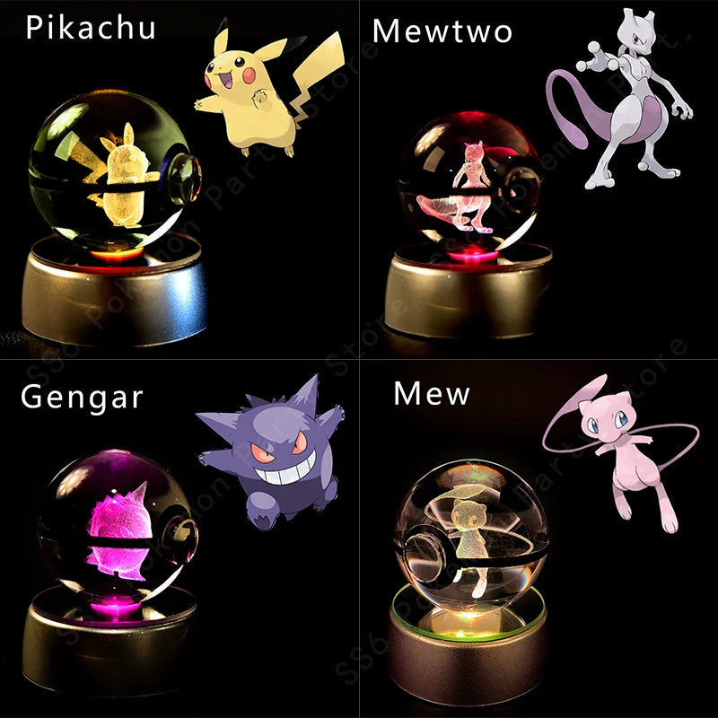 Pokemon Crystal Ball 3D Pikachu Gengar Mewtwo Night Light Lamp Pokeball 3D Glass Pokemon Crystal Ball Statue Kids Birthday Gift 