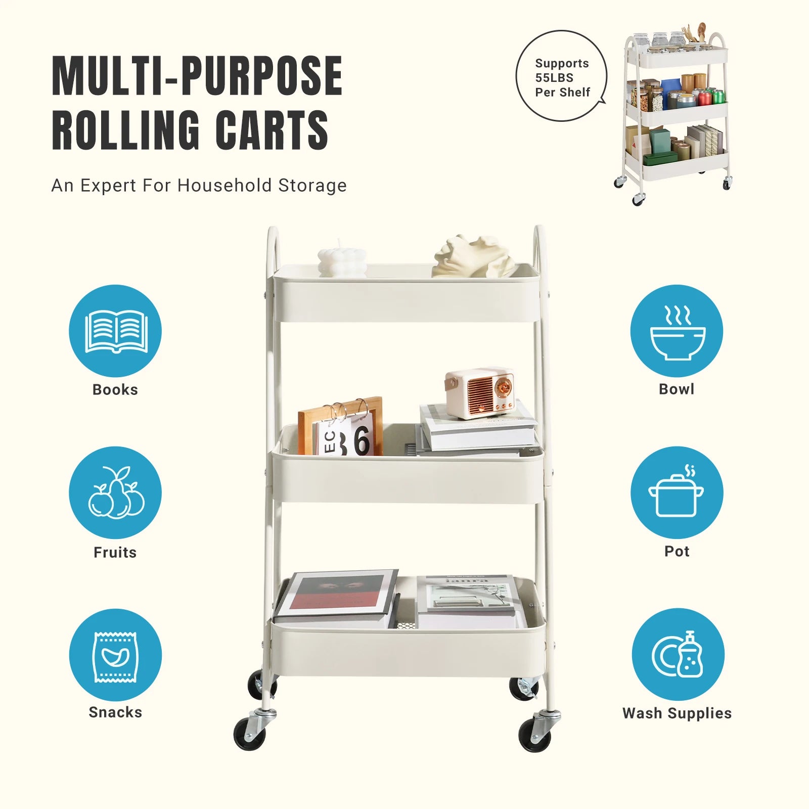 3-Tier Rolling Storage Cart with Lockable Wheels for Small Spaces