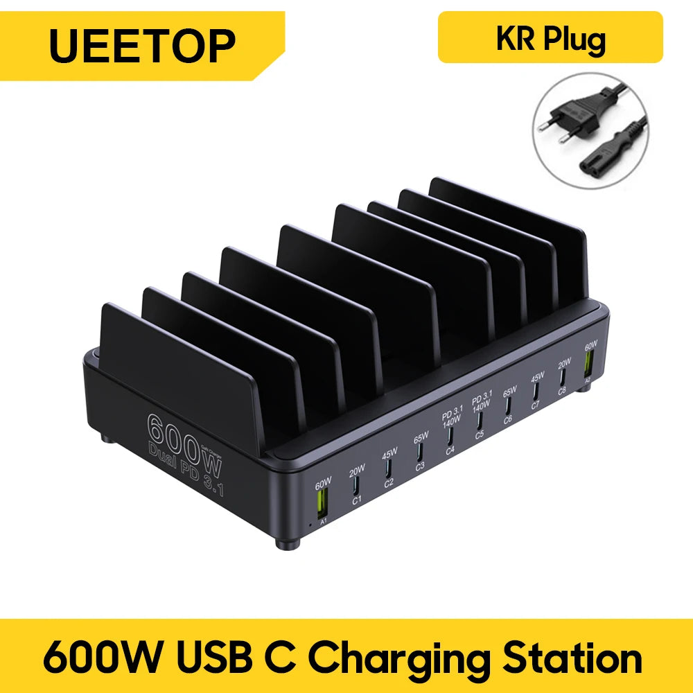 600W 10-Port GaN Fast Charging Station PD 3.1 USB-C Desktop Charger