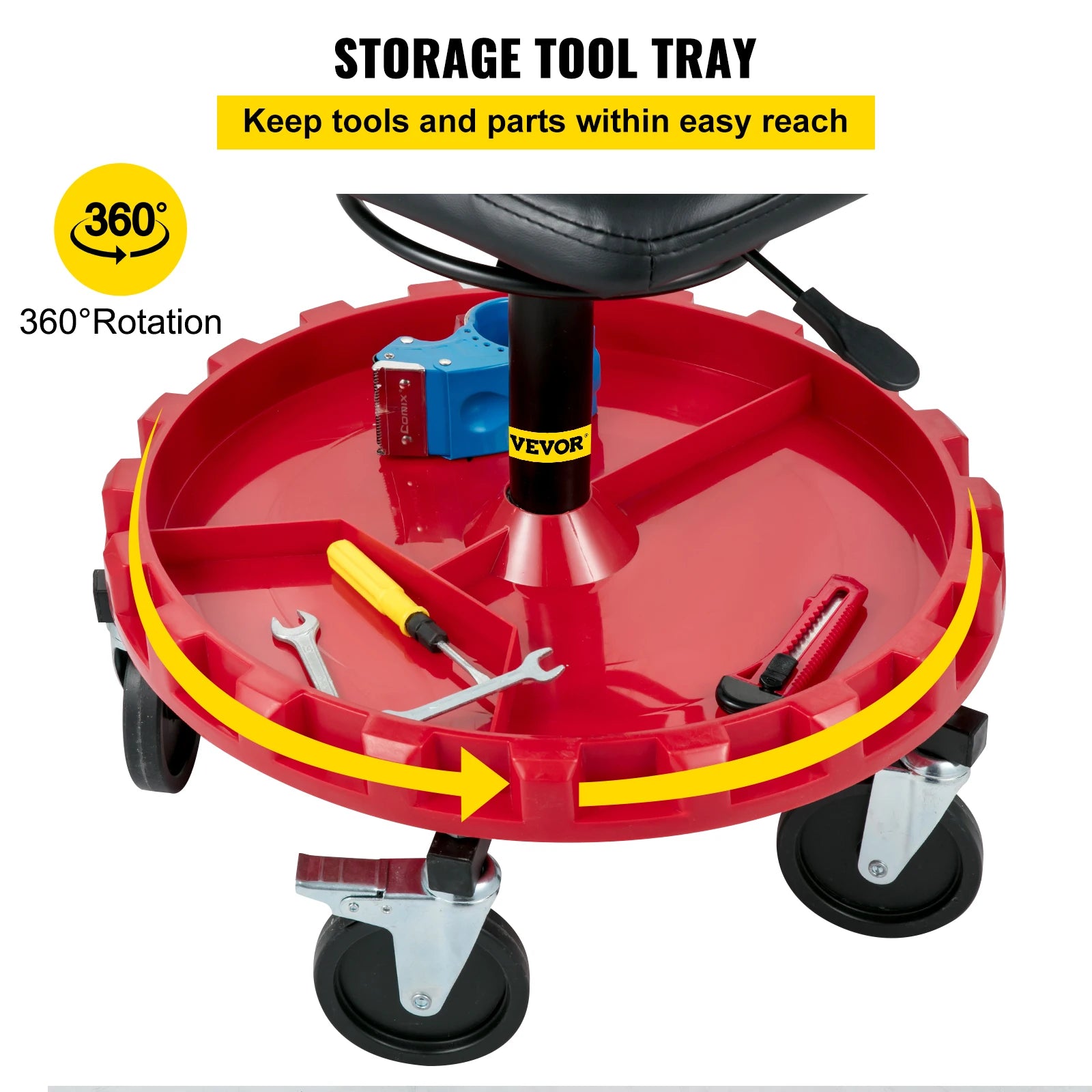 Rolling Garage Stool with Wheels & Tool Tray, 300 lb Capacity