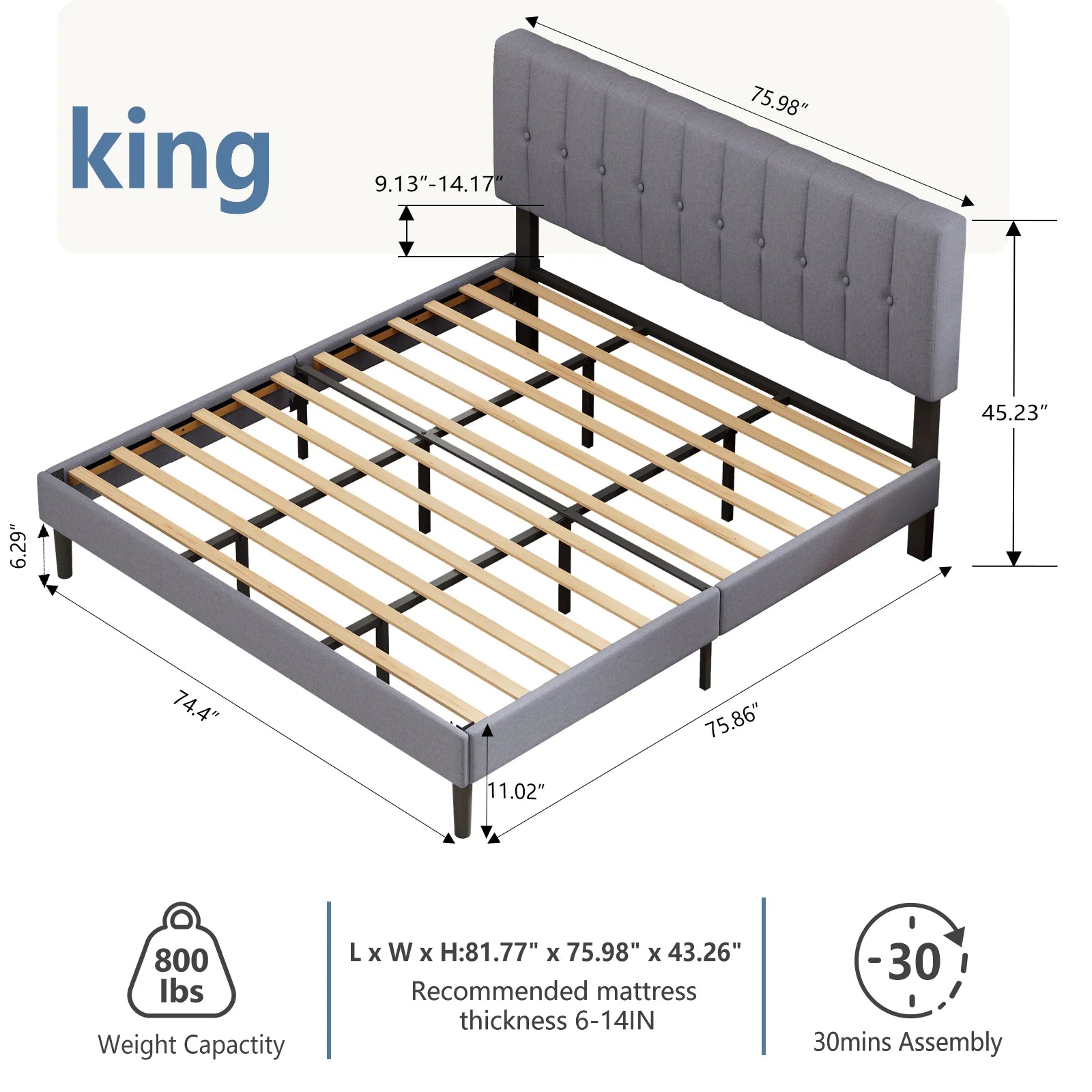 Wooden Upholstered Bed Frame with Adjustable Headboard, No Box Spring