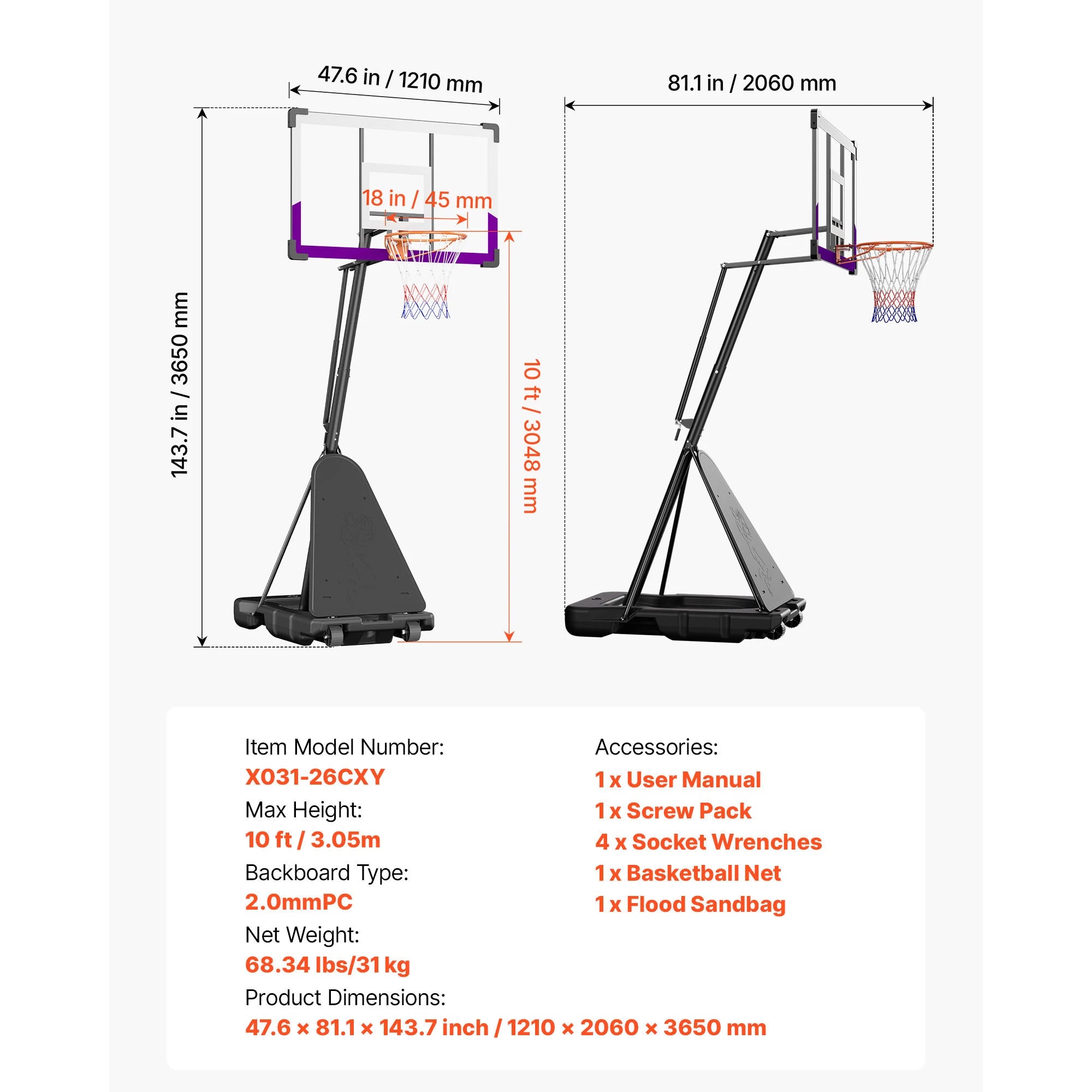 Système de panier de basket-ball portable réglable avec panneau de 44 à 54 pouces