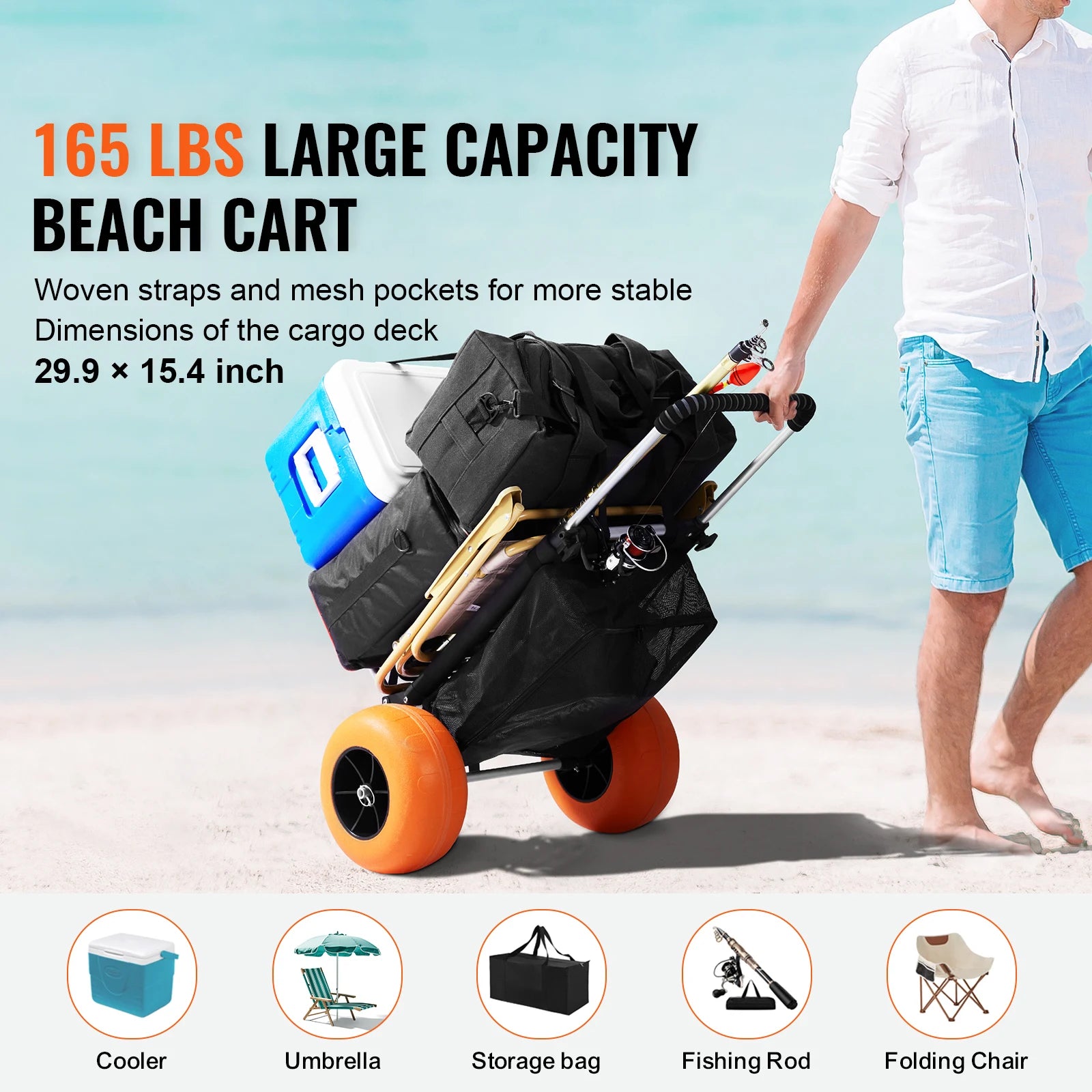 Beach Dolly Cart with Big Sand Wheels 165lb Folding Cargo Carrier
