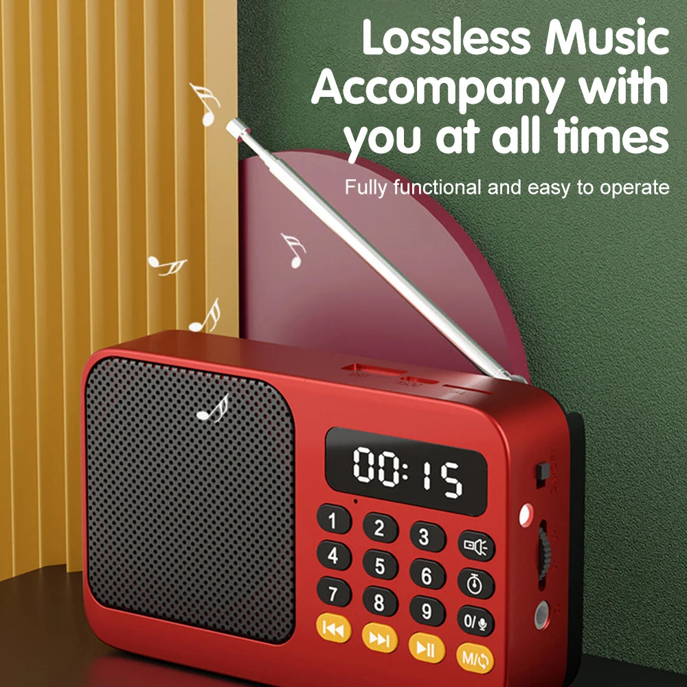 Rádio FM portátil e leitor de MP3 com ecrã LED