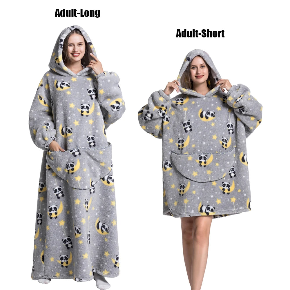Women Plush Fleece Blanket Men Warm Thick Hoodies Adult Giant TV Blanlets with Sleeves Super Long Cold-proof Homewear Pajamas 