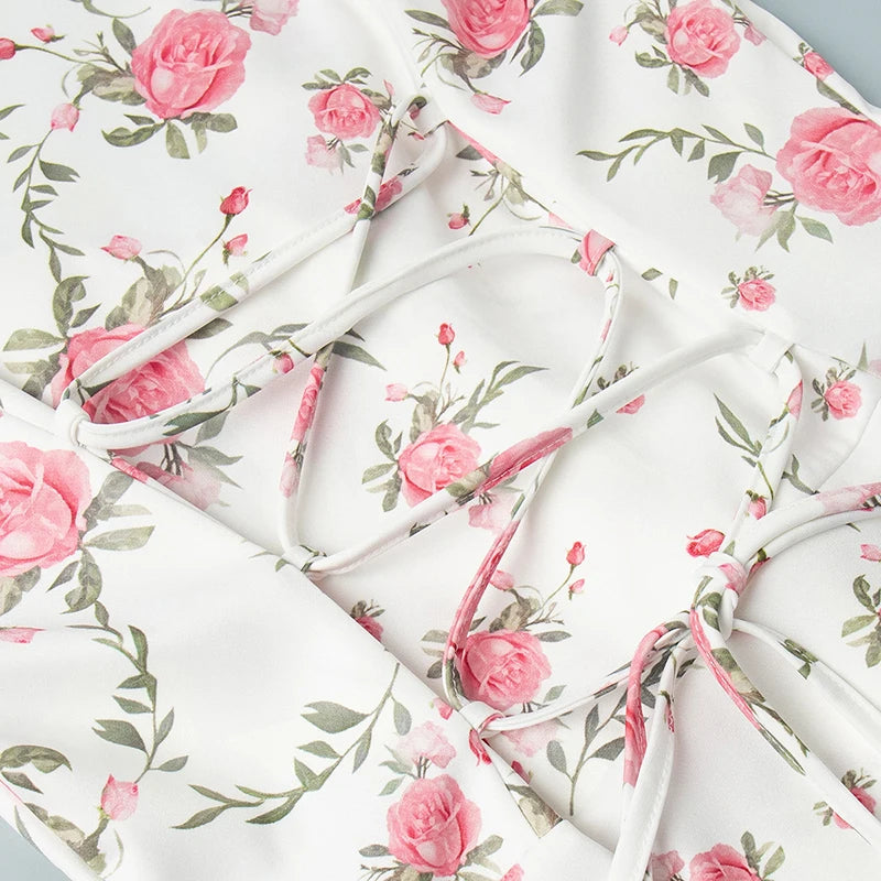 Tornova Print Puff Sleeves Ruffled Dress Women's V-Neck High Waist Pearl Buttons Mini Dress Female Casual Vacation Fashion Dress 