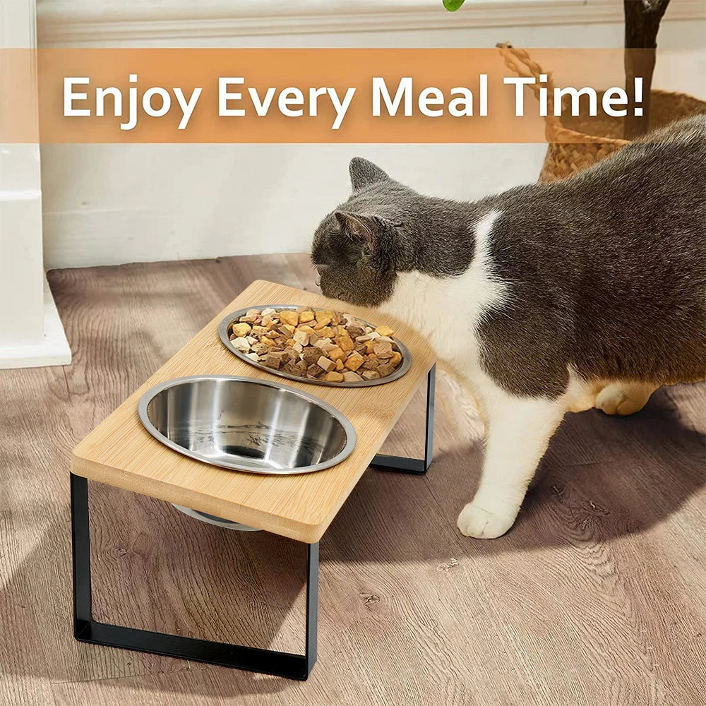 Elevated Cat Bowls 15° Tilted Raised Cat Food Bowls with Wooden Stand Anti Vomiting 2 Stainless Steel Bowls for Cats and Puppy 