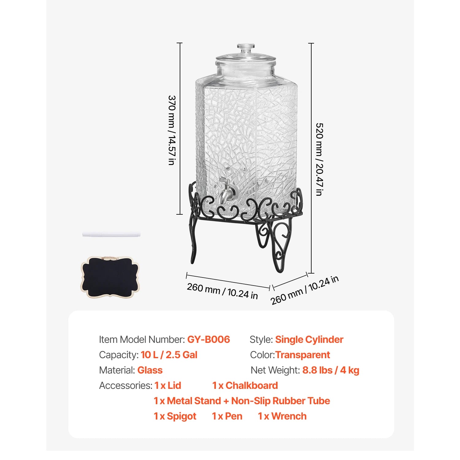 2,5 Gallon Glas Drikkedispenser med Stativ og Lækagesikker Hane