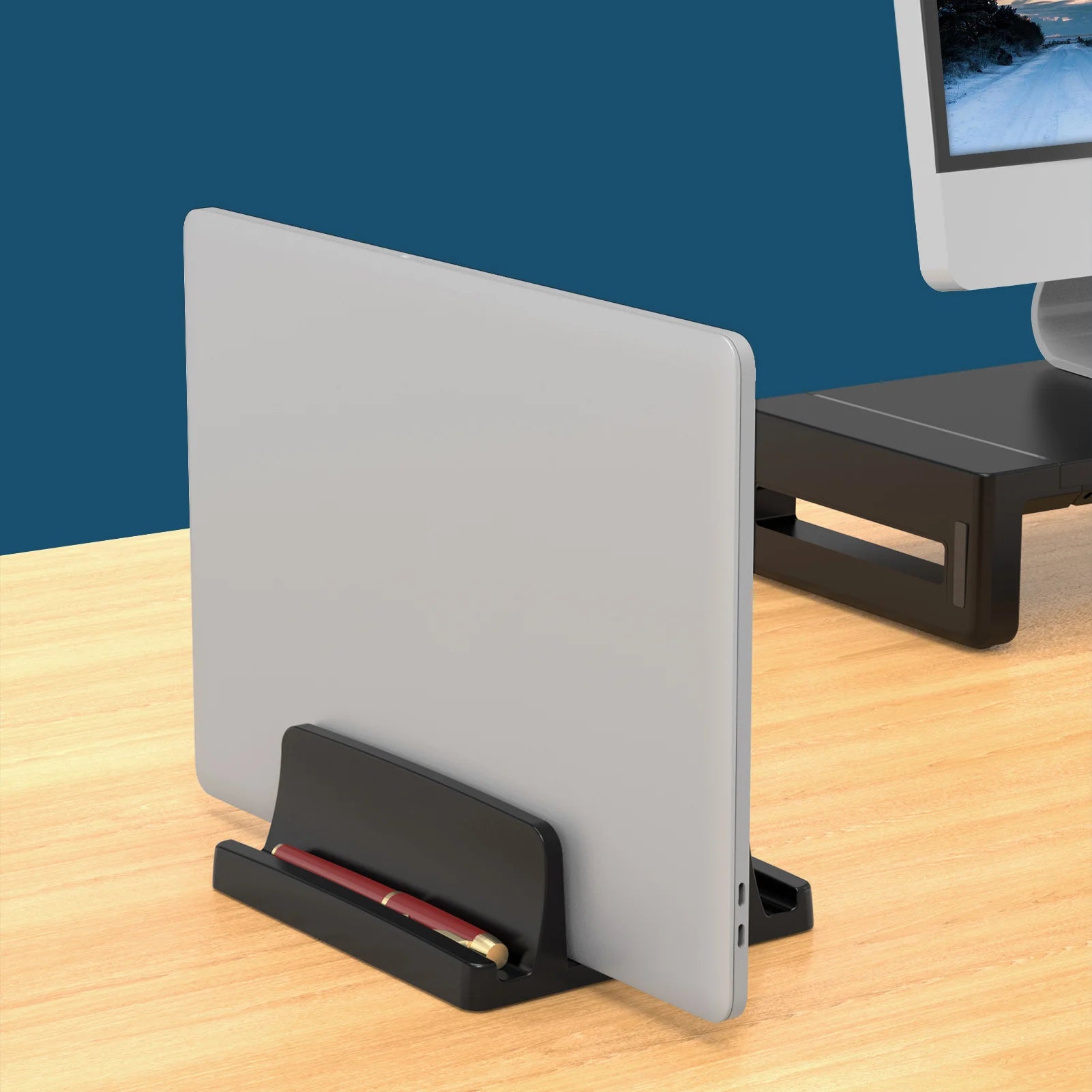 Vertikální stojan na notebook na stůl, plastový držák na notebook s dvojitými sloty a úsporným designem, stojan podporuje MacBook