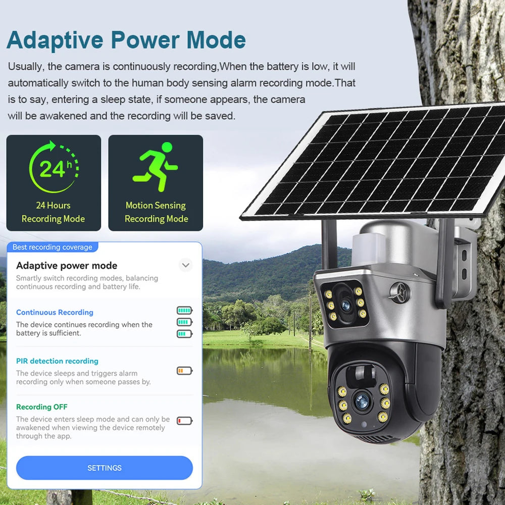 Solar Security Camera Dual Lens 8MP 4K Outdoor WiFi 4G