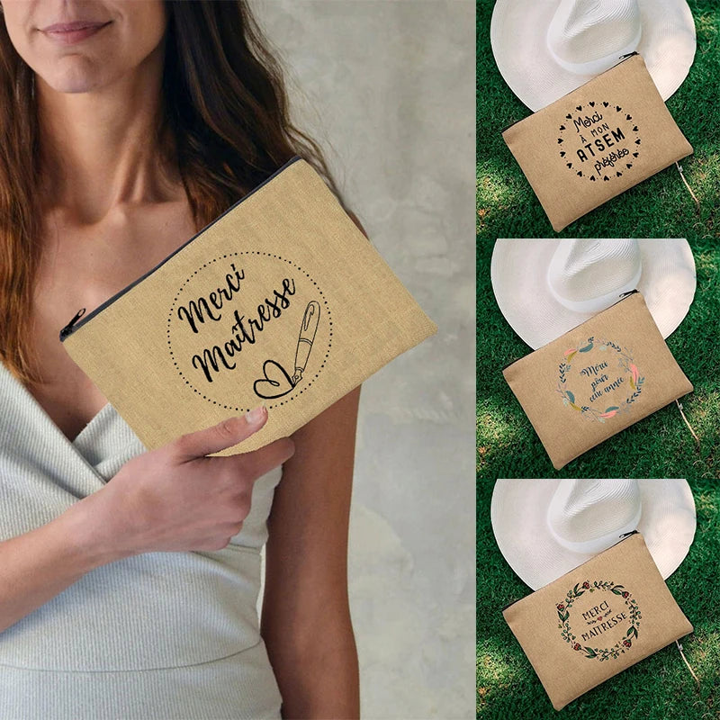 Thank You Teacher Travel Cosmetic Organizer Makeup Pouch Merci Maitresse Borsa Portaoggetti Organizer Profumi da Viaggio Portafoglio Mini Francese