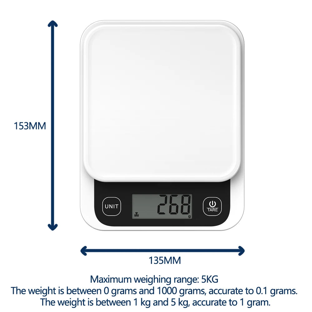 Smart køkkenvægt til ernæring, kapacitet på 5 kg, 0,1 g / 1 g