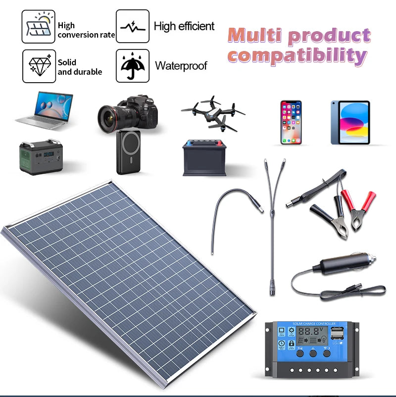 500W Rigid Monocrystalline Solar Panel with Aluminum Frame 12V Battery Charger for RV Camping Boat Home Off Grid Power USB