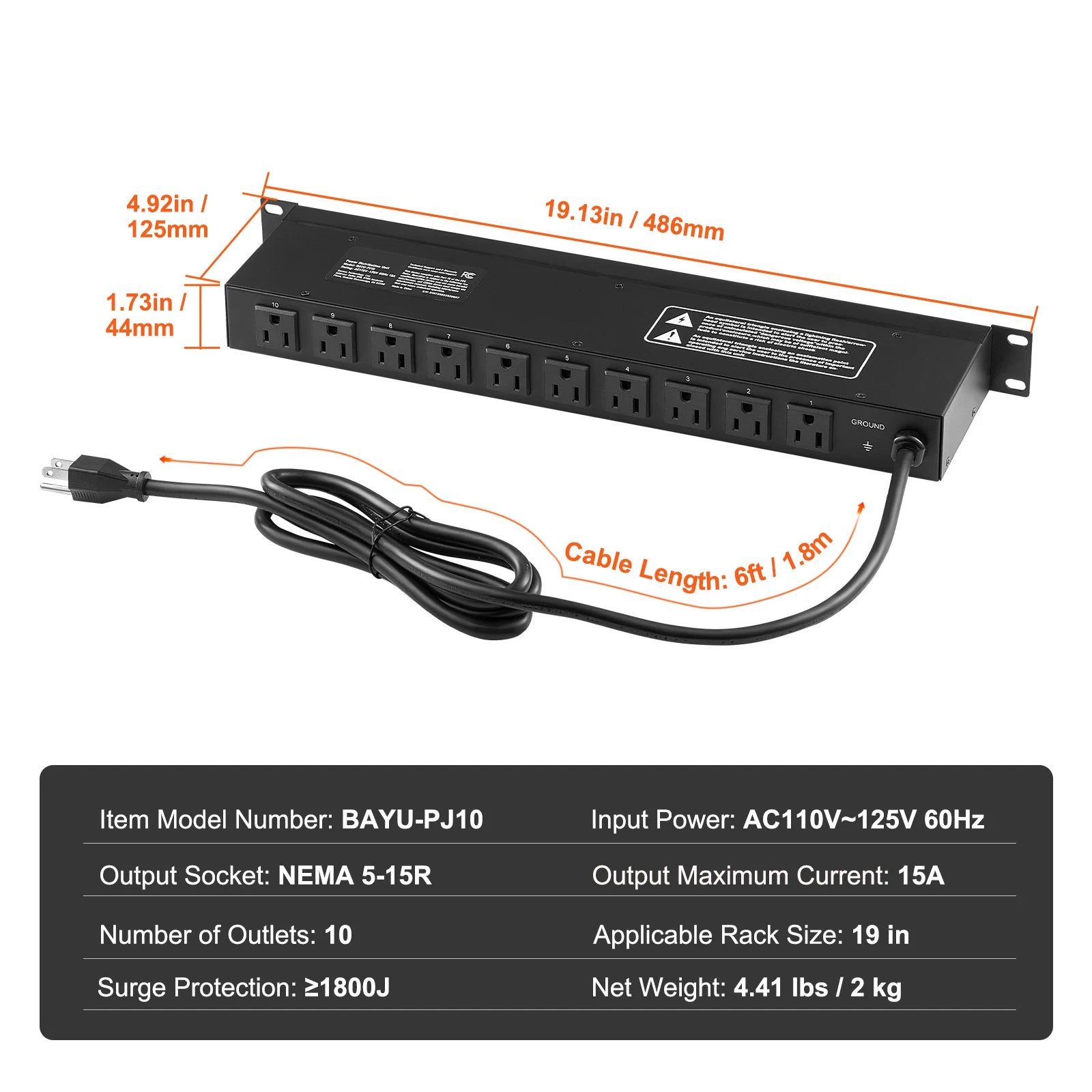 Multipresa PDU da 1U per montaggio a rack con 8/10/12 prese, protezione da sovratensioni 15A