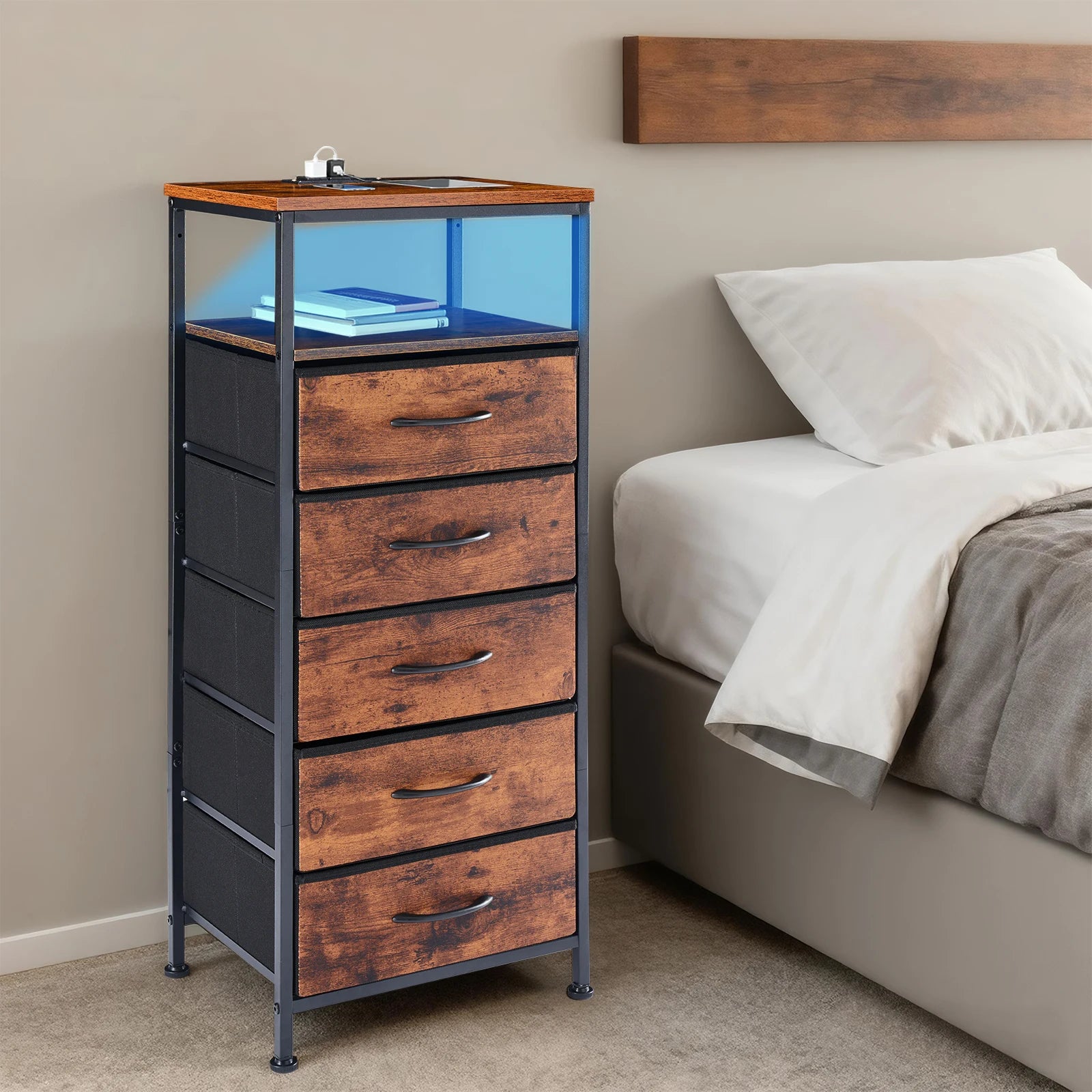 5 Drawer Storage Cabinet with Charging Station & LED Light Strip