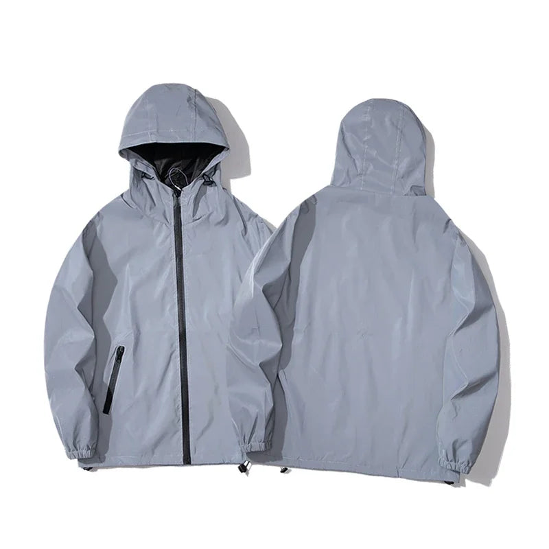 NEW SIZE Night Reflective Jackets Double Fabric Windbreaker Hooded Jacket Men Hip Hop Dancer Waterproof Zipper Coats Outwear 