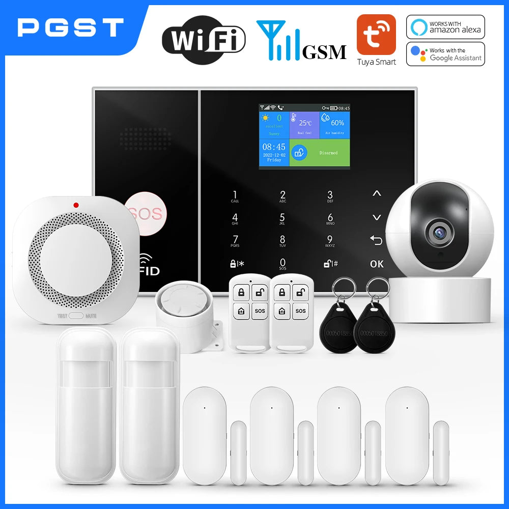 PGST Smart Life Alarm System for Home WIFI GSM Security Alarm Host with Door and Motion Sensor Tuya Smart App control work Alexa 