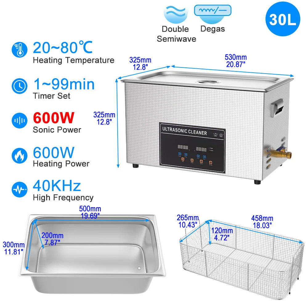 Υπερηχητική Συσκευή Καθαρισμού 1,3L–30L 40kHz Βαθιάς Καθαρισμού