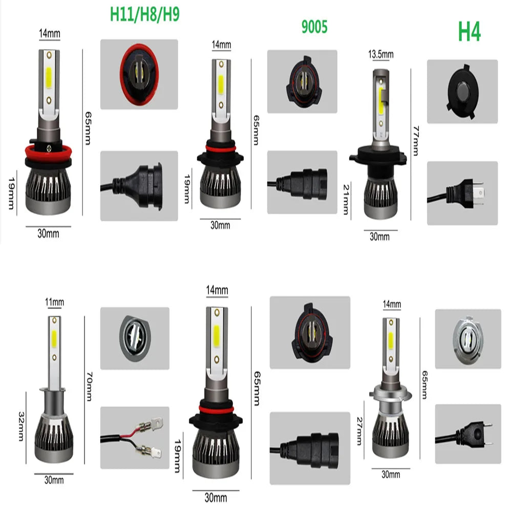 2 pezzi LED H4 H7 per fari auto H1 LED H8 H11 9005 HB3 9006 HB4 9004 HB1 H3 HB5 H13 luci LED 20000LM lampada turbo, 12V