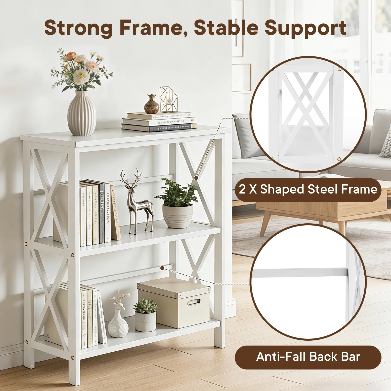 3 Tier Bookshelf Storage Rack with Heavy-Duty Shelves and X-Frame