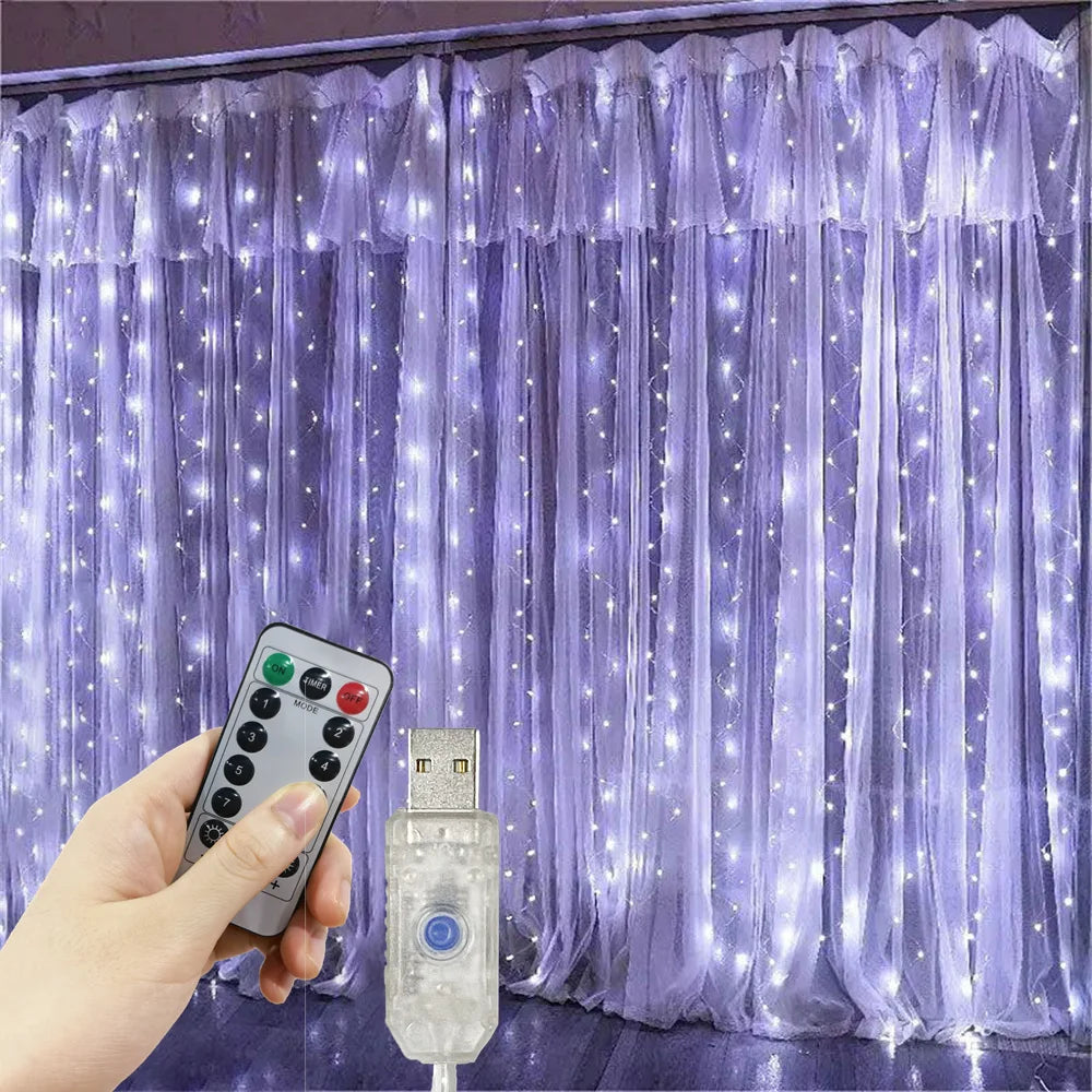Cortina de luzes LED decorativas USB, 8 modos, vários tamanhos
