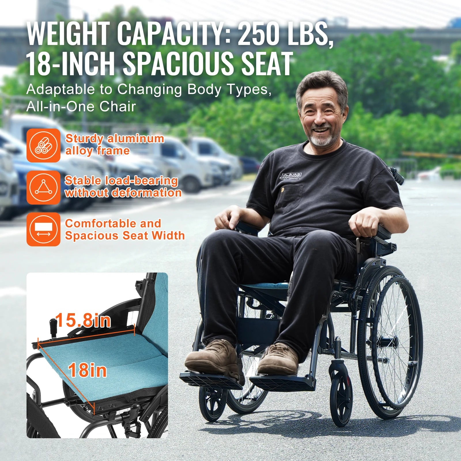 SucceBuy Wheelchair Aluminum Alloy with Flip-Back Desk-Length Arms 3-Position Adjustable 18-Inch Wide Seat 250lb Weight Capacity