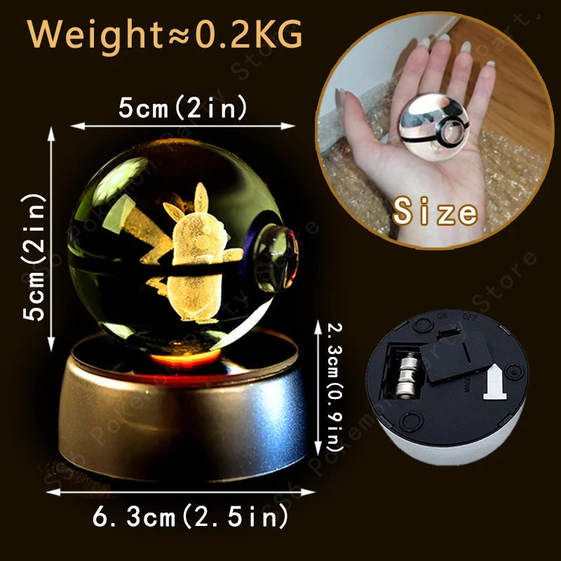 Pokemon Crystal Ball 3D Pikachu Gengar Mewtwo Night Light Lamp Pokeball 3D Glass Pokemon Crystal Ball Statue Kids Birthday Gift 