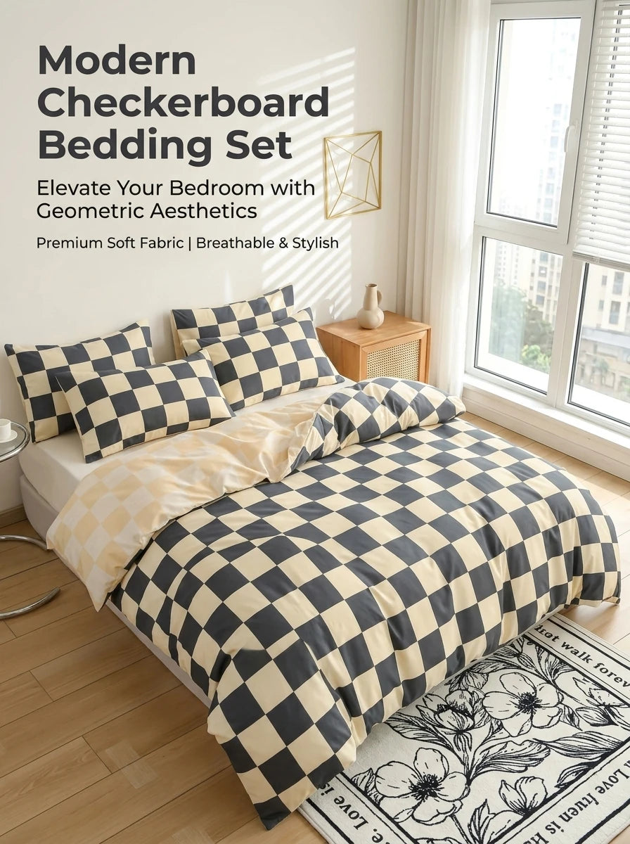 Black and Beige Checkered Duvet Cover 3-Piece Set, Modern Checkered Bedding Set, Soft Bedspread with Pillowcases, Available for Single, Double, King, and Queen Beds