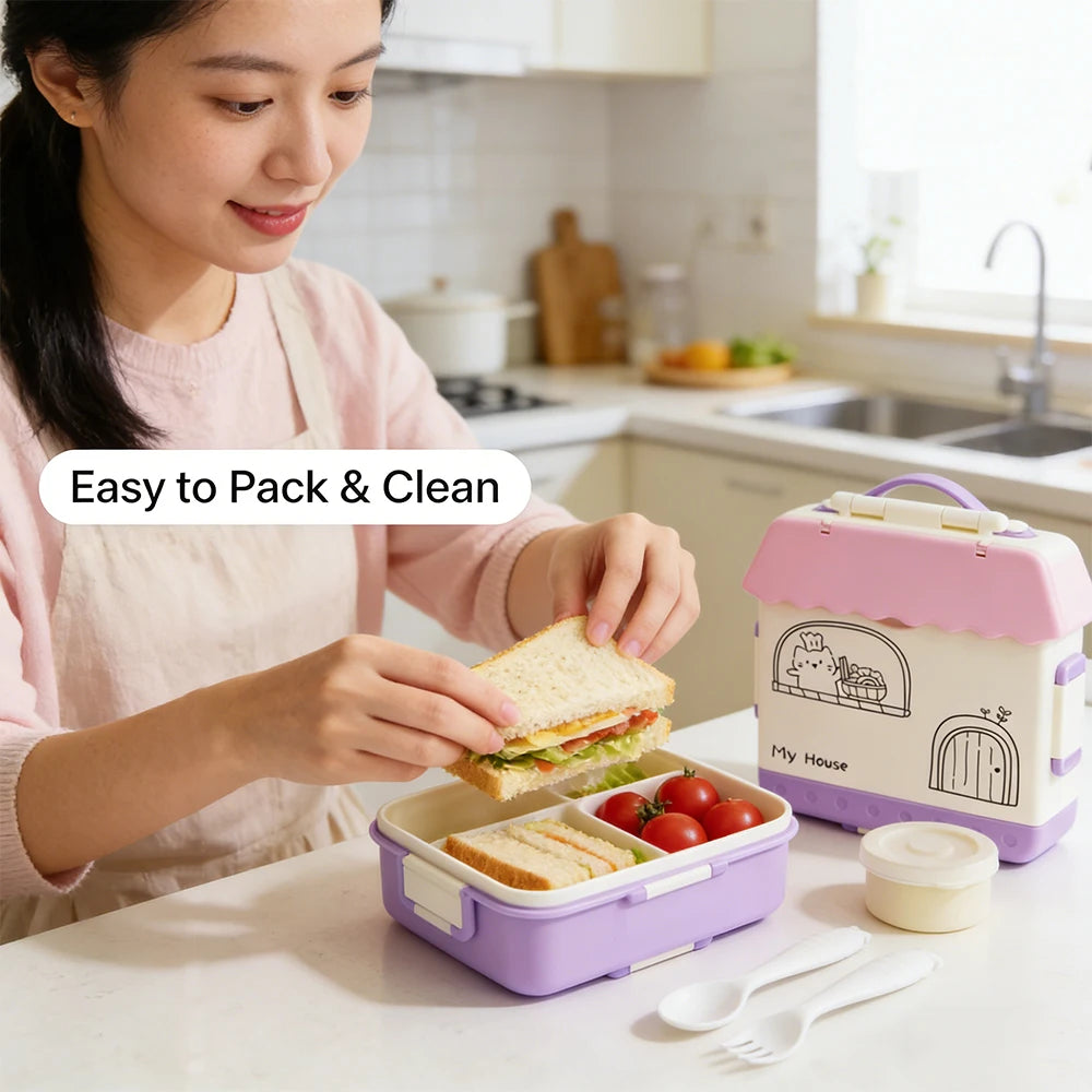Four-Compartment Lunch Box with Spoon and Fork